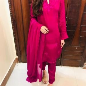 3 pcs solid hot pink dress with floral dupata